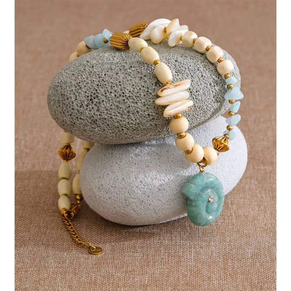 Coastal Stone Charm Necklace – Aqua & Ivory Beads