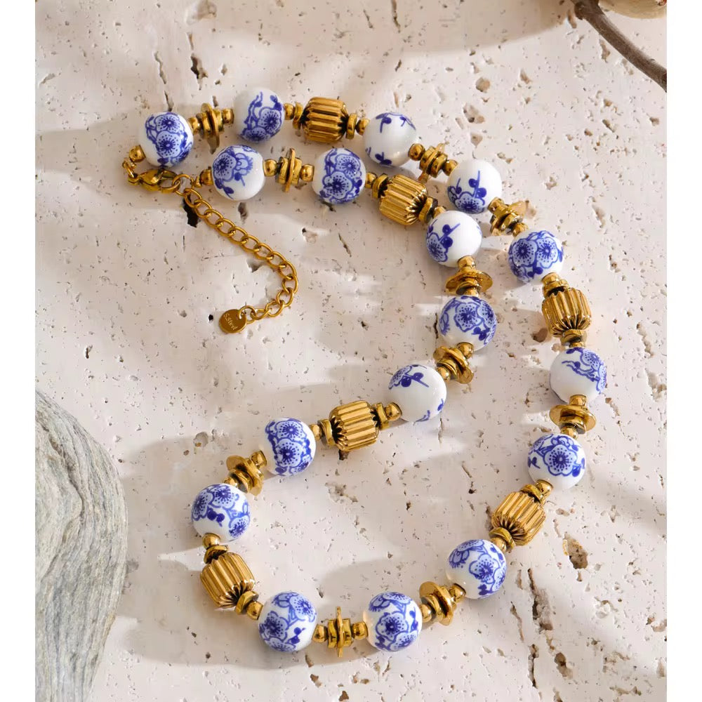 Blue Porcelain Beaded Necklace