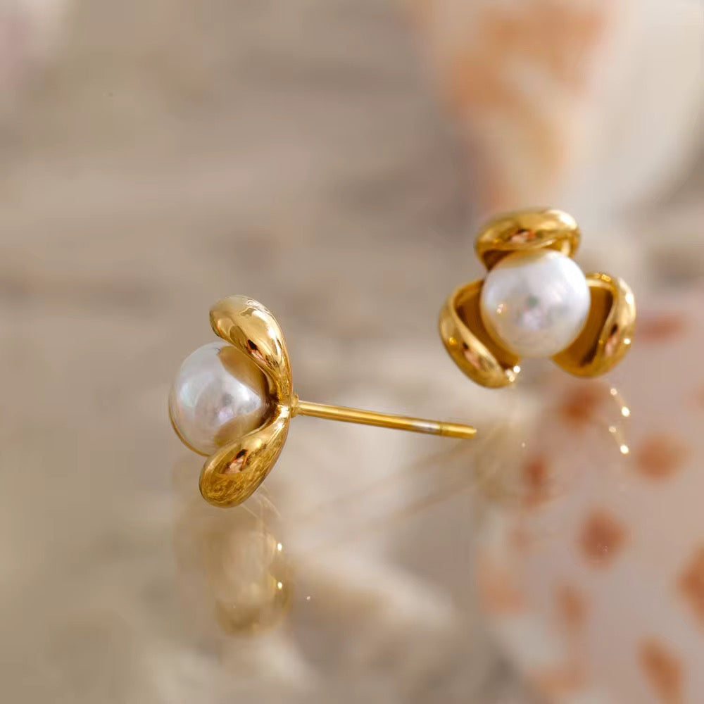 Golden Petal Pearl Stud Earrings