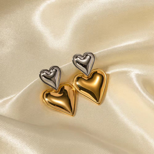 Double Heart Drop Statement Earrings
