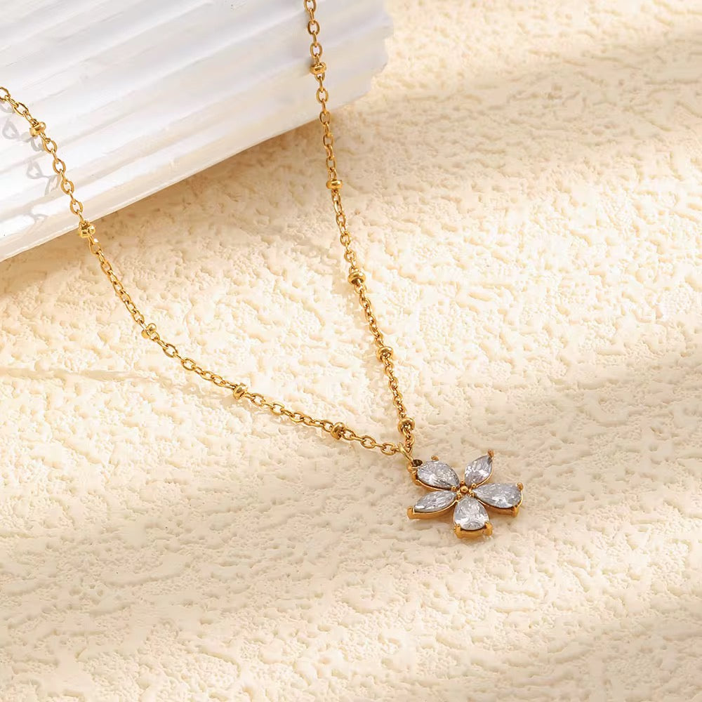Gold Zirconia Flower Pendant Necklace