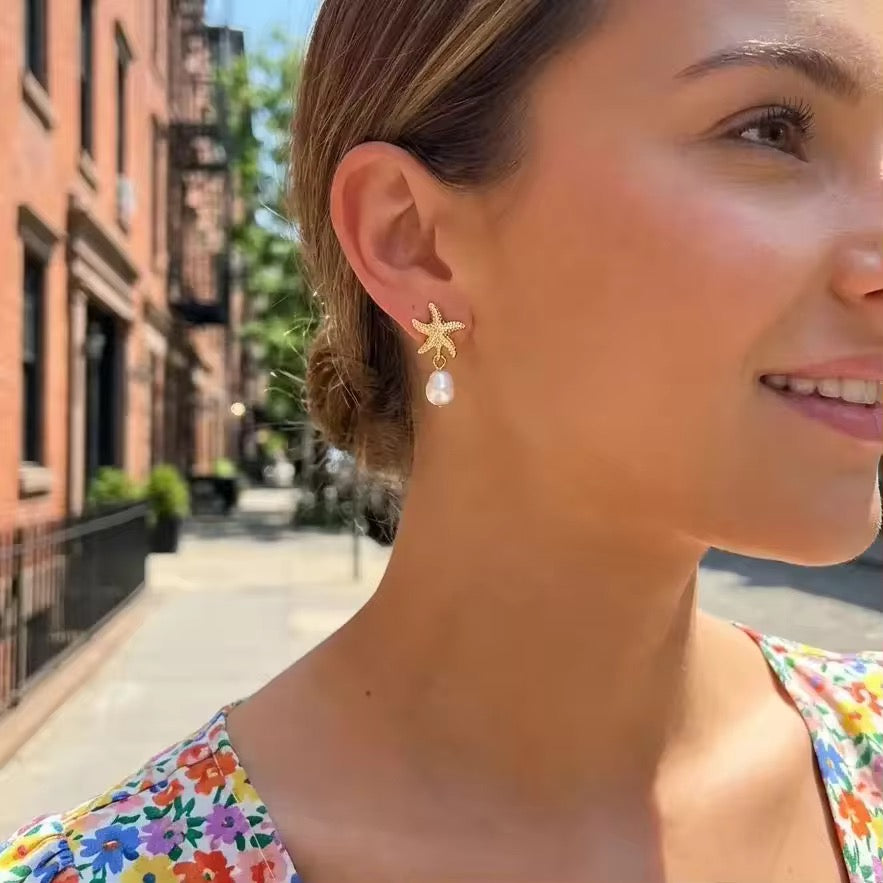 Starfish Pearl Drop Earrings