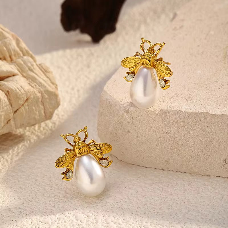 Golden Bee Pearl Drop Earrings