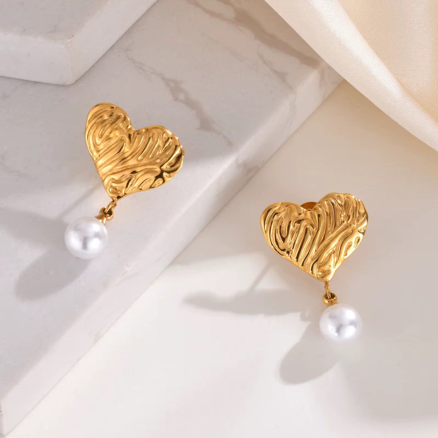 Gold Heart Pearl Drop Earrings