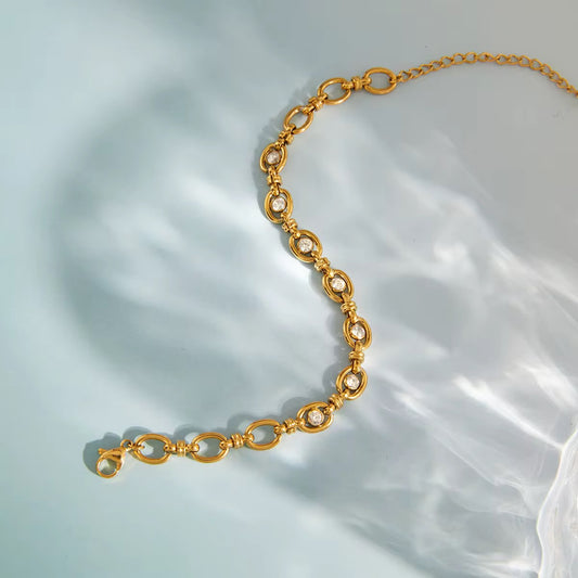 Gold Heart Link Bracelet โ CZ Crystal Stainless Steel