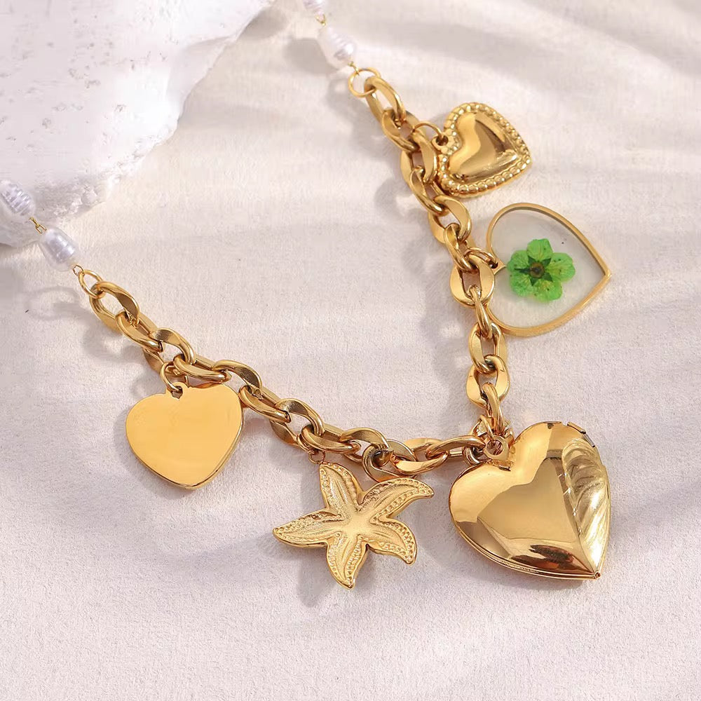 Gold Charm Pearl Necklace