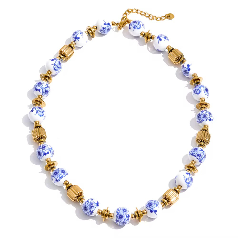 Blue Porcelain Beaded Necklace