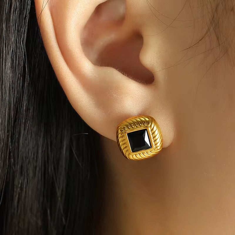 Black Stone Square Stud Earrings