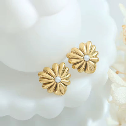 Golden Daisy Pearl Stud Earrings