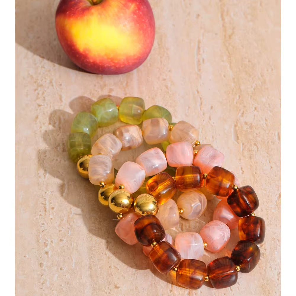 Multi-Color Beaded Bracelet Set – Glossy Resin & Gold Accents