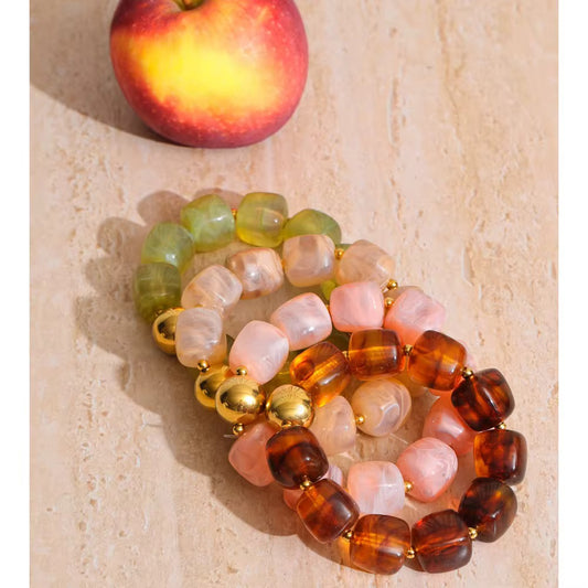 Multi-Color Beaded Bracelet Set – Glossy Resin & Gold Accents