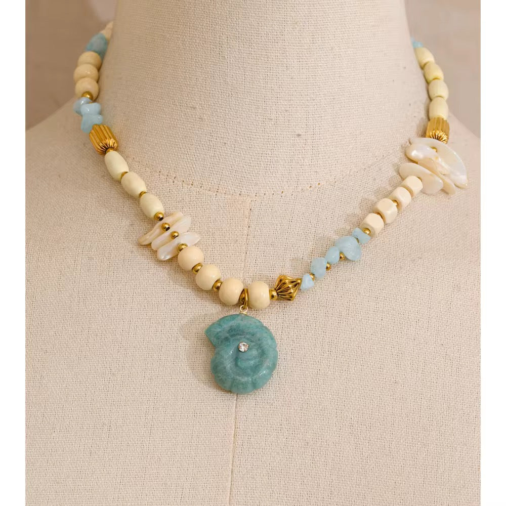 Coastal Stone Charm Necklace – Aqua & Ivory Beads