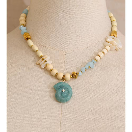 Coastal Stone Charm Necklace – Aqua & Ivory Beads