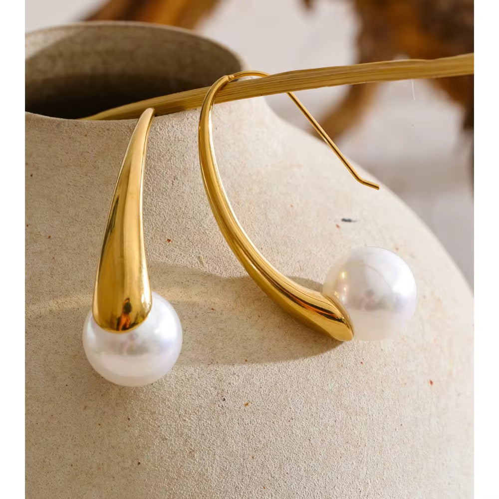 Modern Pearl Drop Hoop Earrings