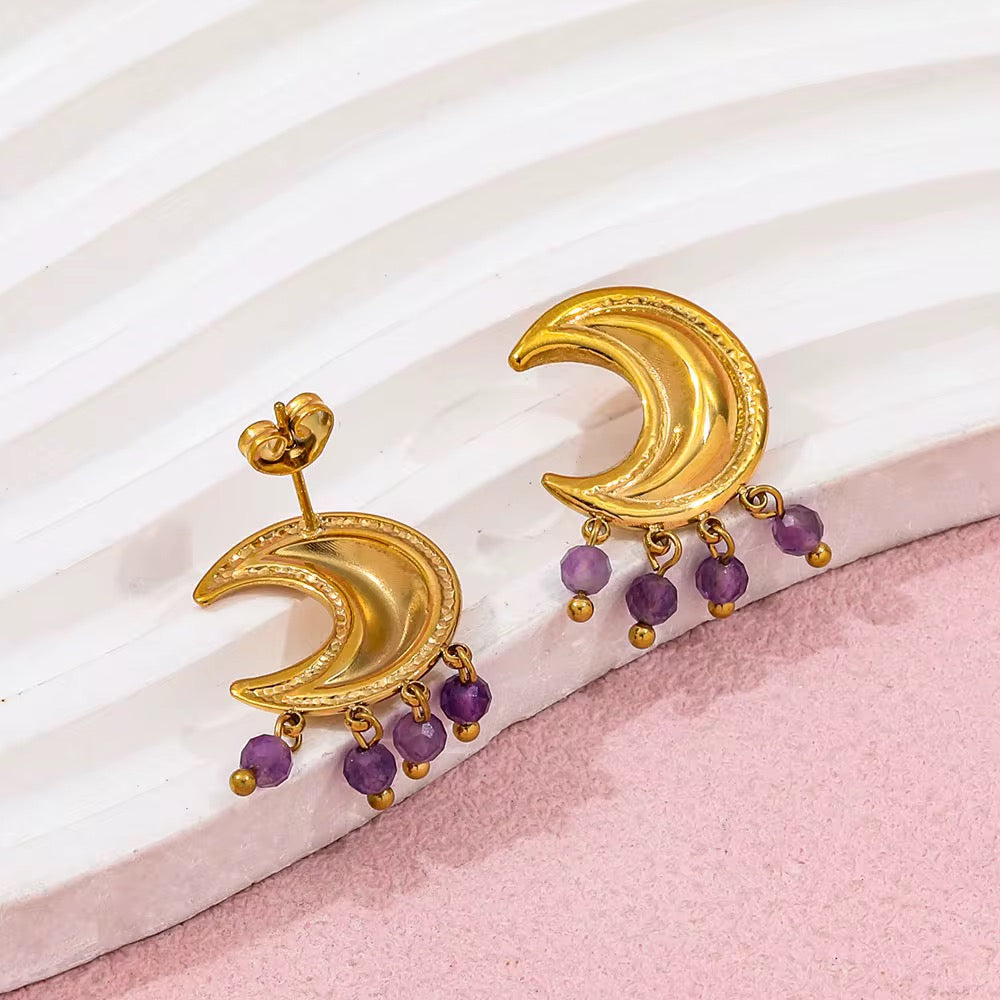 Waterproof Gold Moon Purple Crystal Earrings