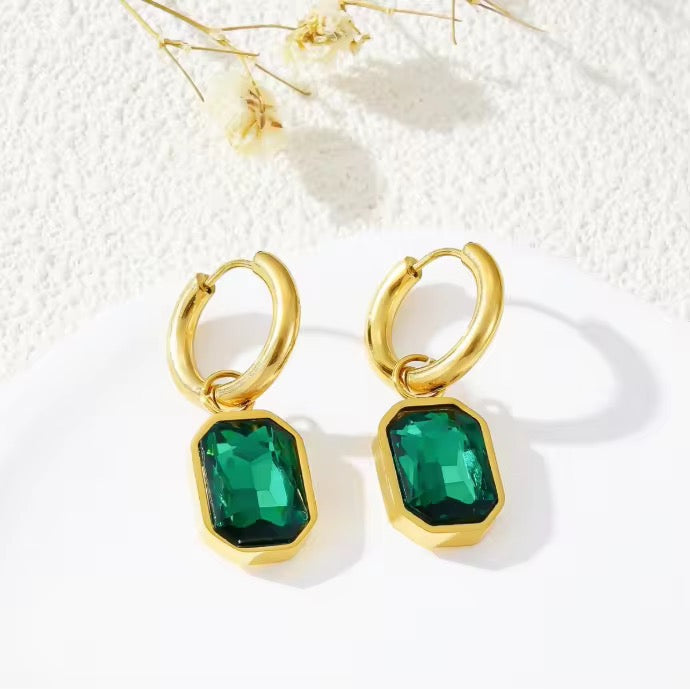 Emerald Cut Crystal Drop Hoops