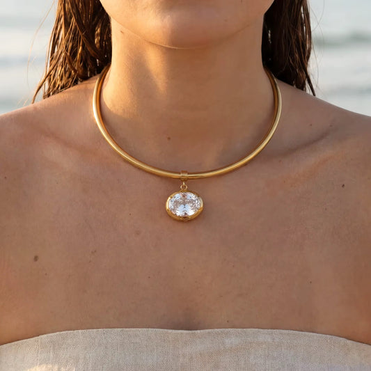 Gold Crystal Pendant Choker Necklace