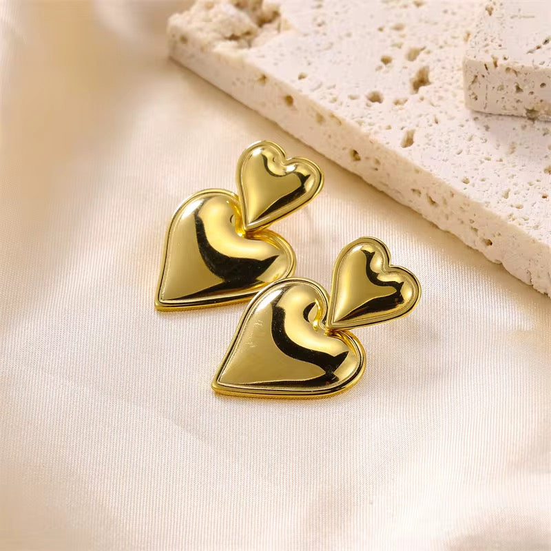 Double Heart Drop Statement Earrings