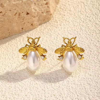 Golden Bee Pearl Drop Earrings