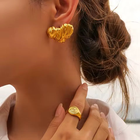 Gold Textured Heart Stud Earrings