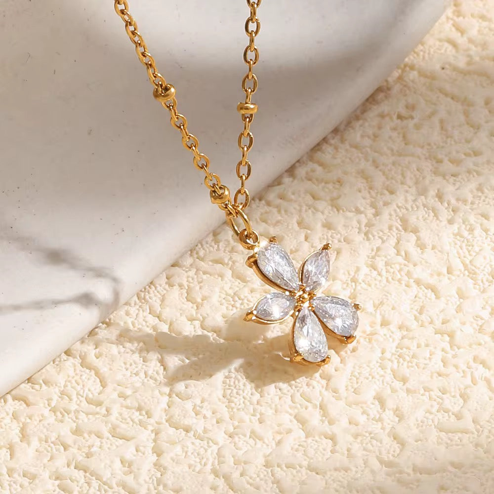 Gold Zirconia Flower Pendant Necklace