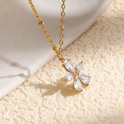 Gold Zirconia Flower Pendant Necklace
