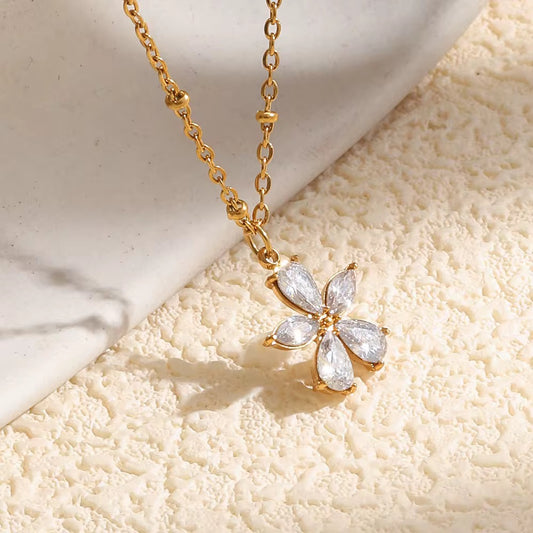 Gold Zirconia Flower Pendant Necklace