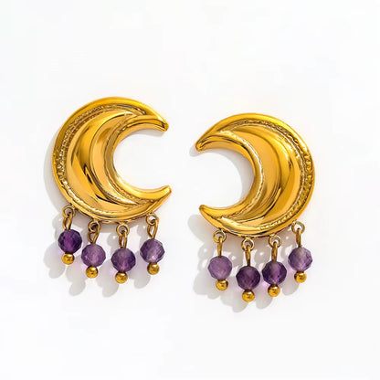 Waterproof Gold Moon Purple Crystal Earrings