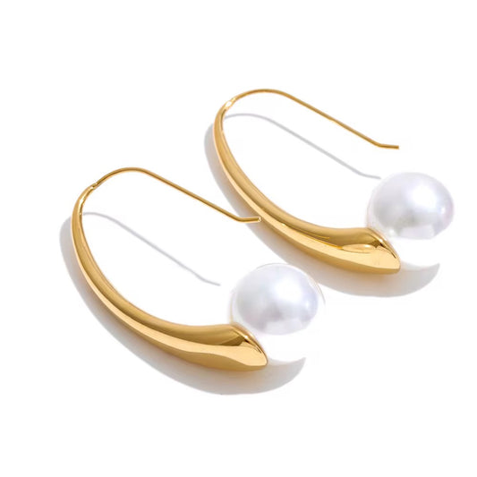 Modern Pearl Drop Hoop Earrings