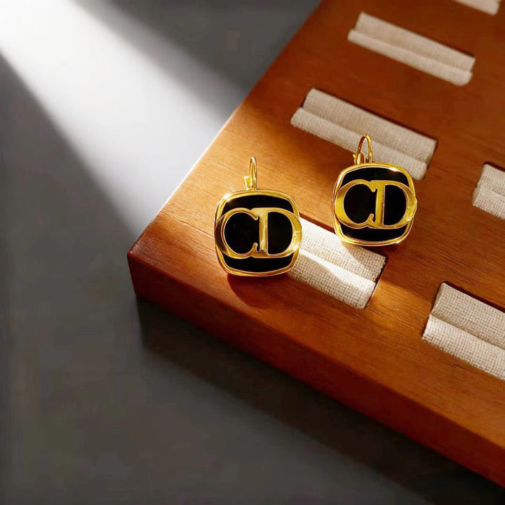 Black Enamel Monogram Earrings