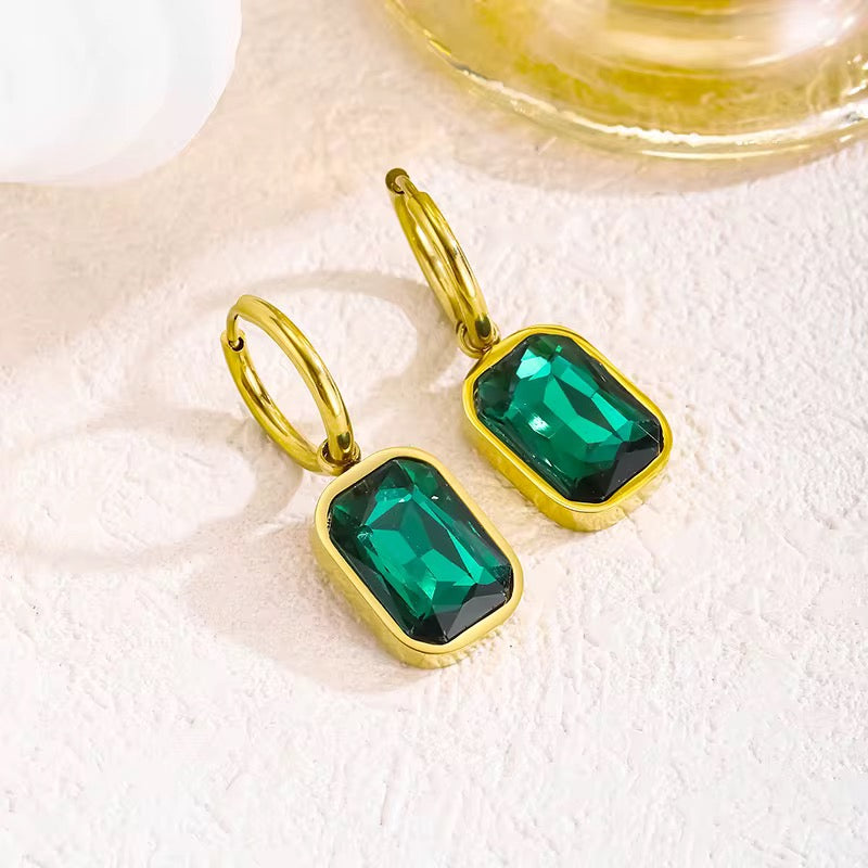 Emerald Cut Crystal Drop Hoops