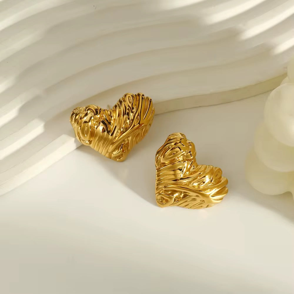 Gold Textured Heart Stud Earrings