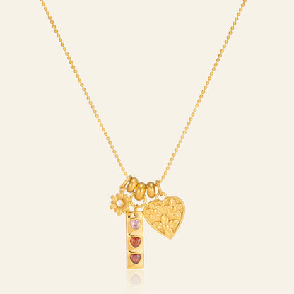Floral Heart Multi-Charm Gold Necklace