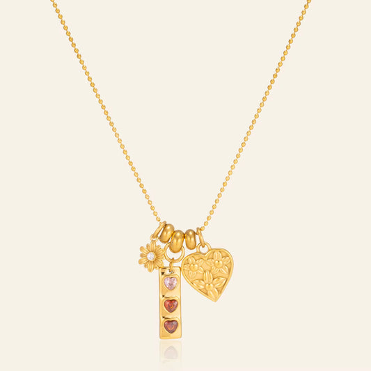 Floral Heart Multi-Charm Gold Necklace