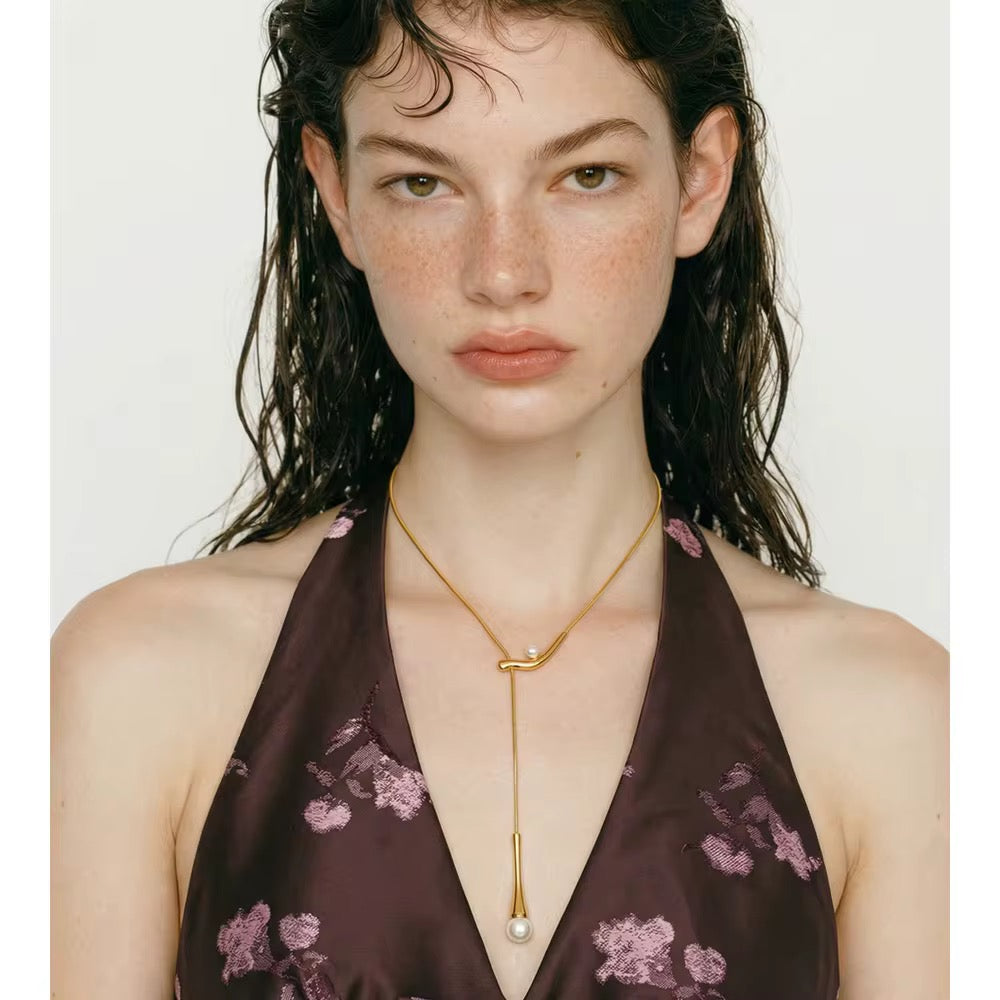 Modern Pearl Drop Lariat Necklace