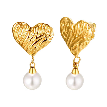 Gold Heart Pearl Drop Earrings