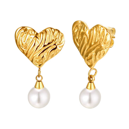 Gold Heart Pearl Drop Earrings