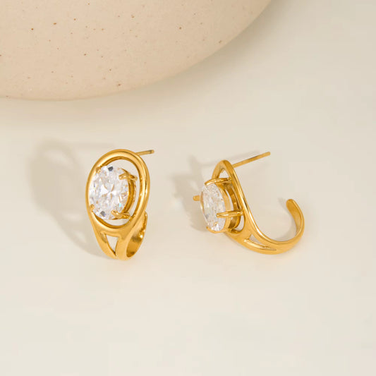Oval Crystal Gold Stud Earrings