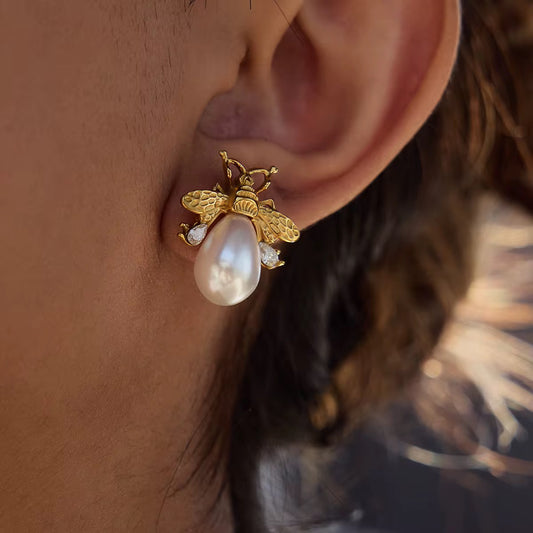 Golden Bee Pearl Drop Earrings