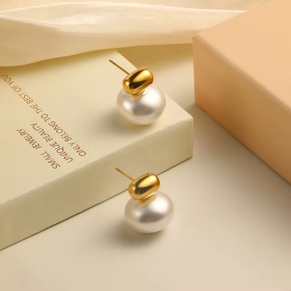 Gold & Pearl Drop Stud Earrings