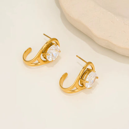 Oval Crystal Gold Stud Earrings