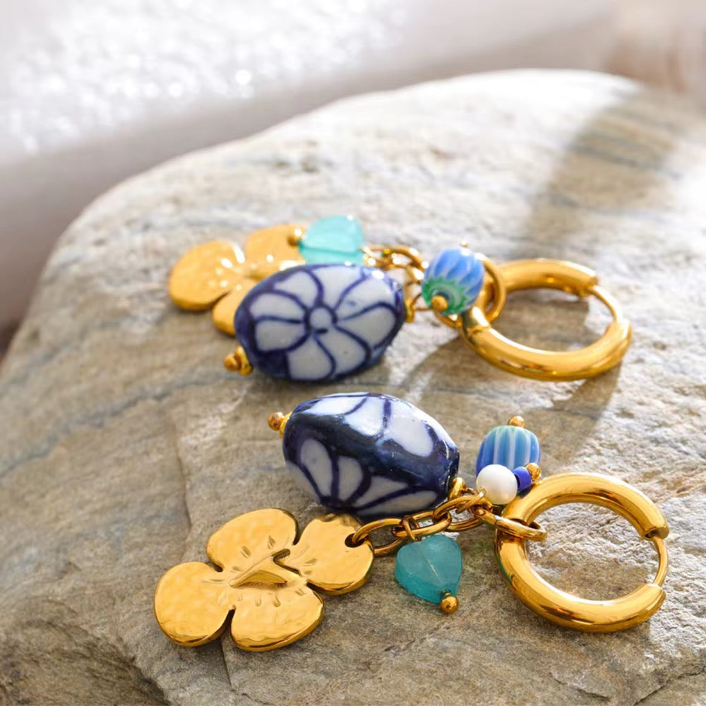 Blue Blossom Charm Hoop Earrings