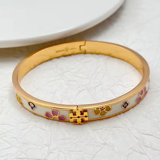 Floral Enamel Cross Motif Gold Bangle