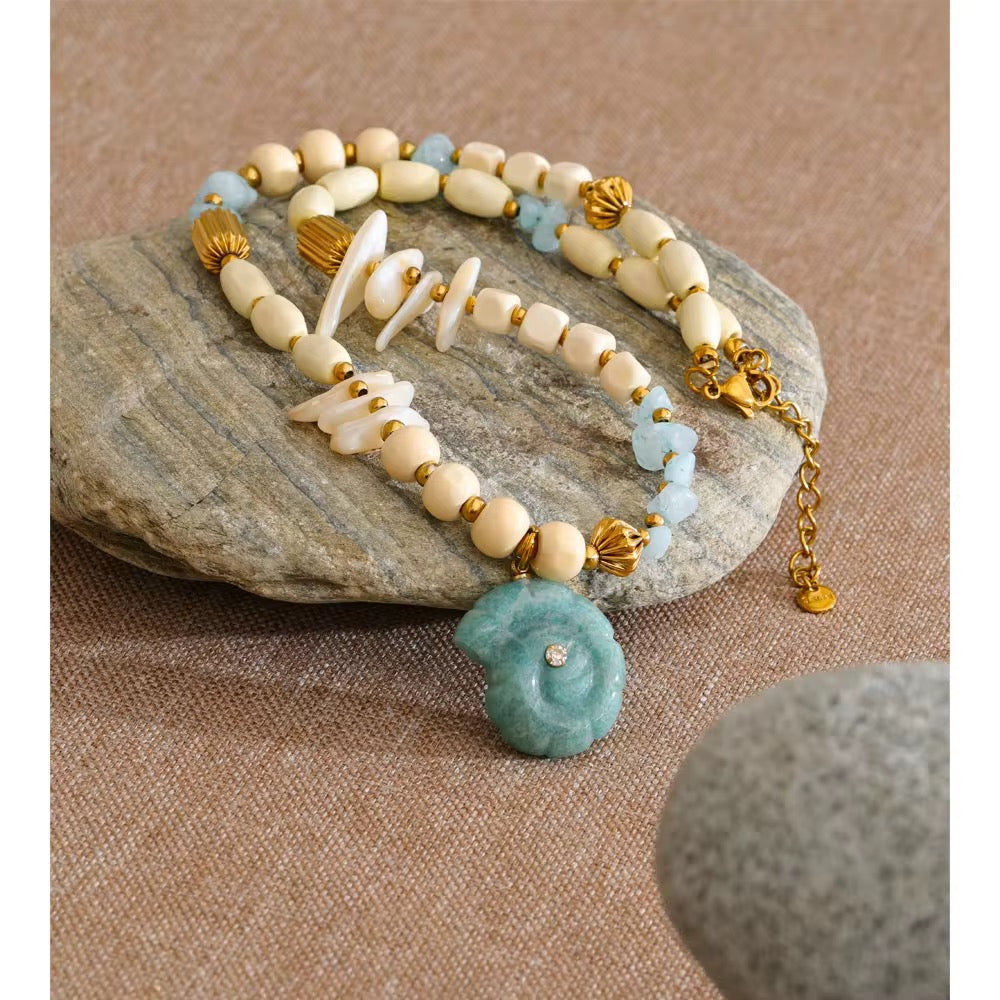 Coastal Stone Charm Necklace – Aqua & Ivory Beads