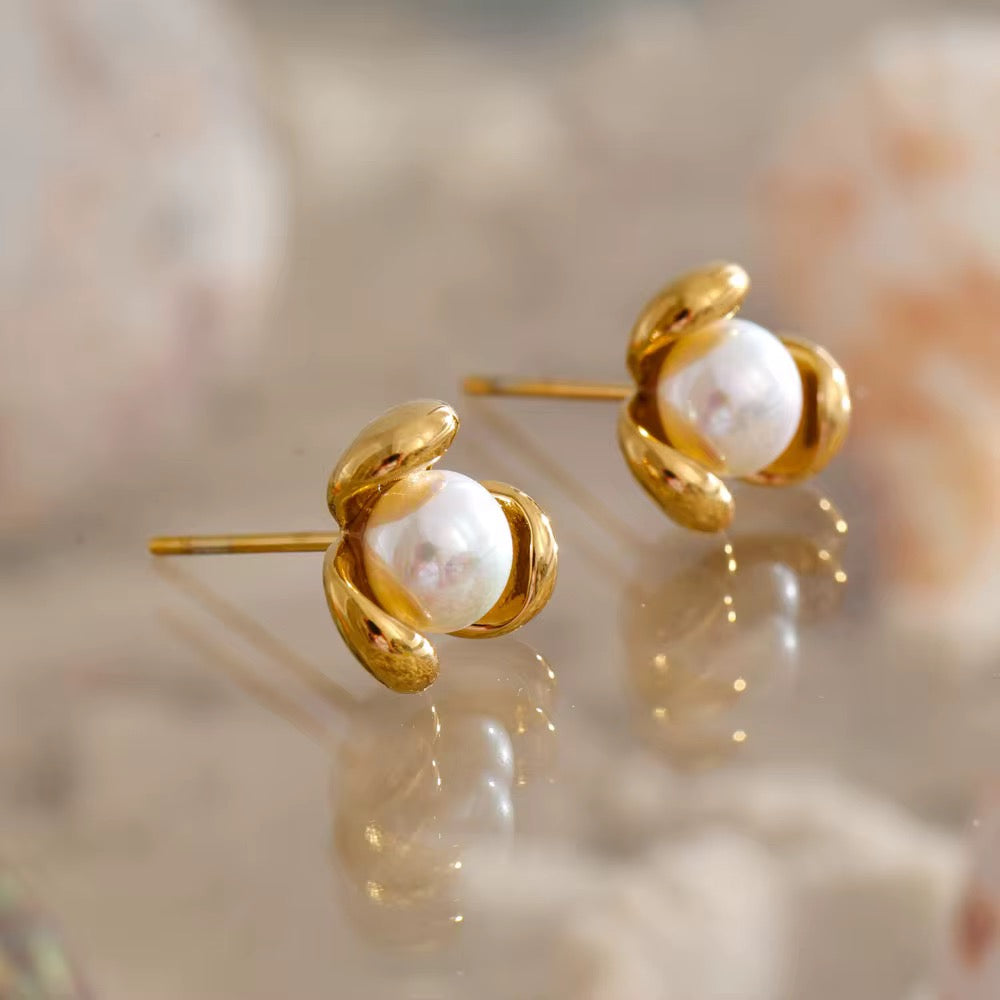 Golden Petal Pearl Stud Earrings