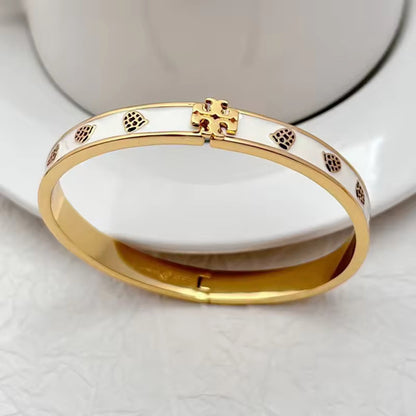 Floral Enamel Cross Motif Gold Bangle