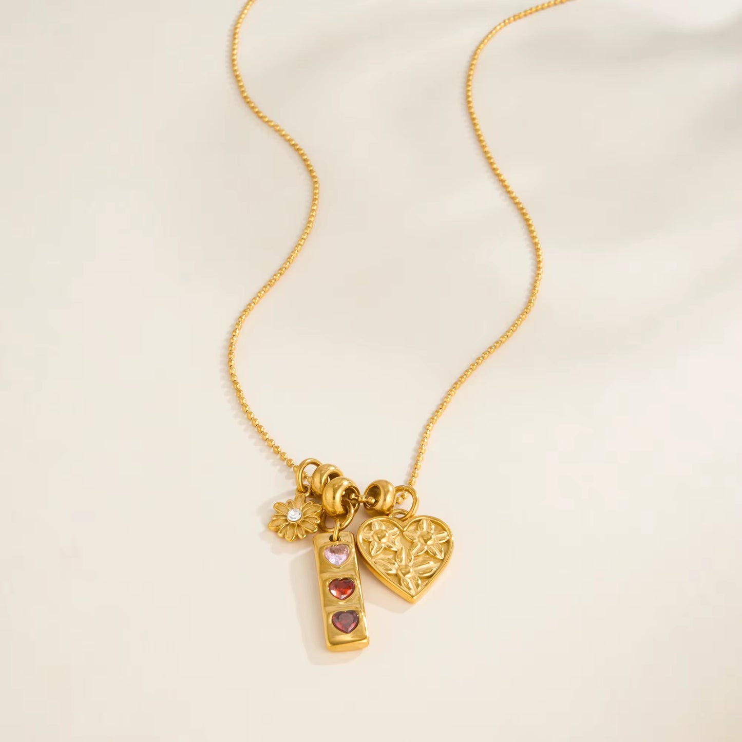 Floral Heart Multi-Charm Gold Necklace