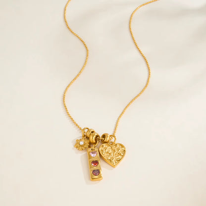 Floral Heart Multi-Charm Gold Necklace