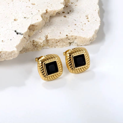 Black Stone Square Stud Earrings