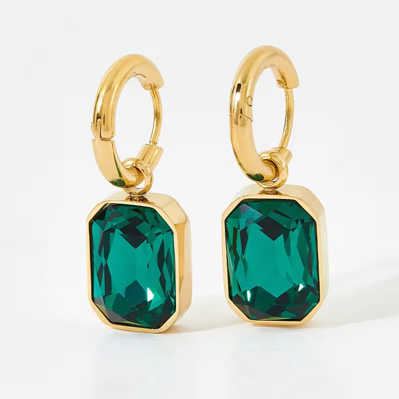 Emerald Cut Crystal Drop Hoops